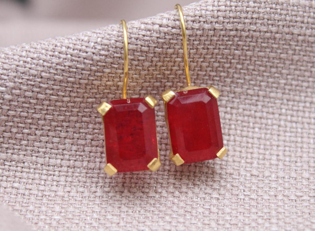 Rectangular Ruby Earrings Gold Plated Sterling Silver Gemstone Earrings