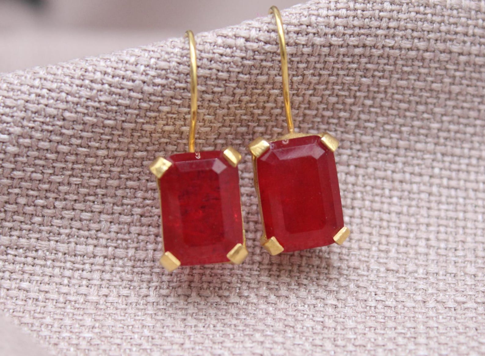 Rectangular Ruby Earrings Gold Plated Sterling Silver Gemstone Earrings