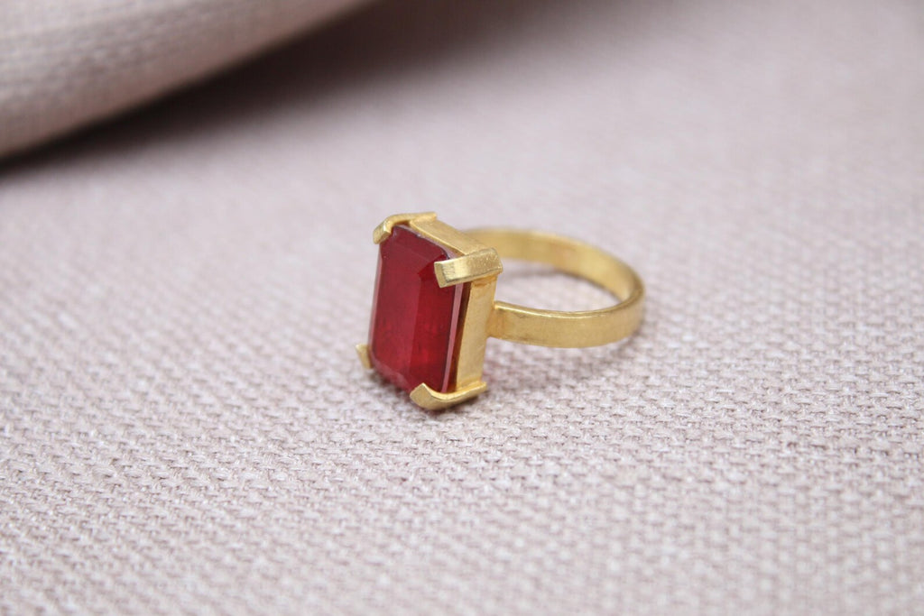 Rectangular Ruby Ring Gold Plated Sterling Silver Gemstone Ring
