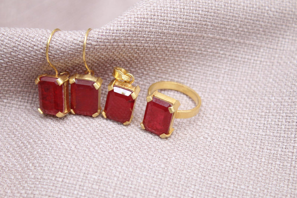 Ruby Jewelry Set Gold Plated Sterling Silver Necklace Ring Earrings