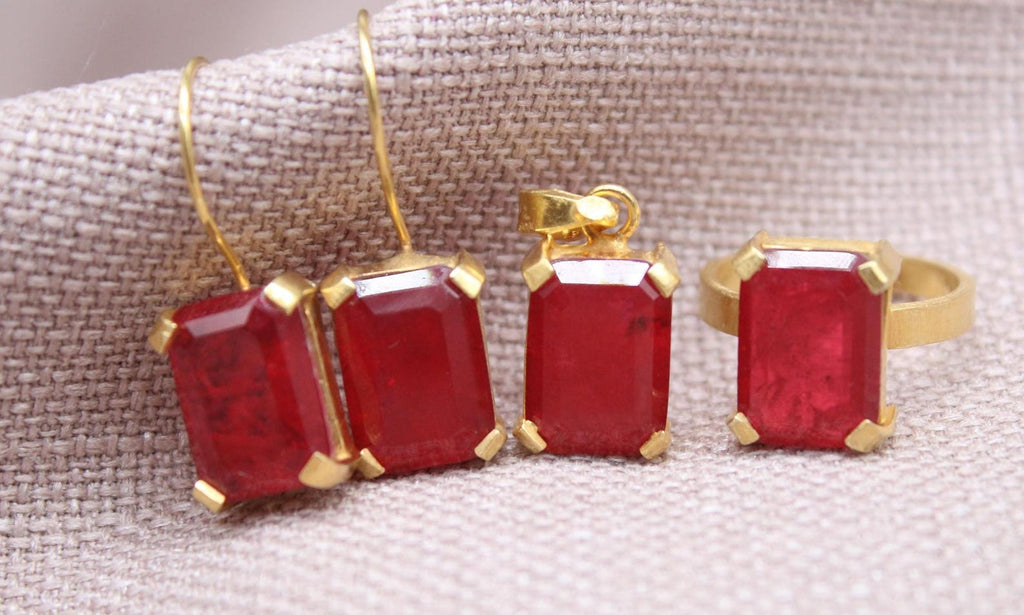 Ruby Jewelry Set Gold Plated Sterling Silver Necklace Ring Earrings