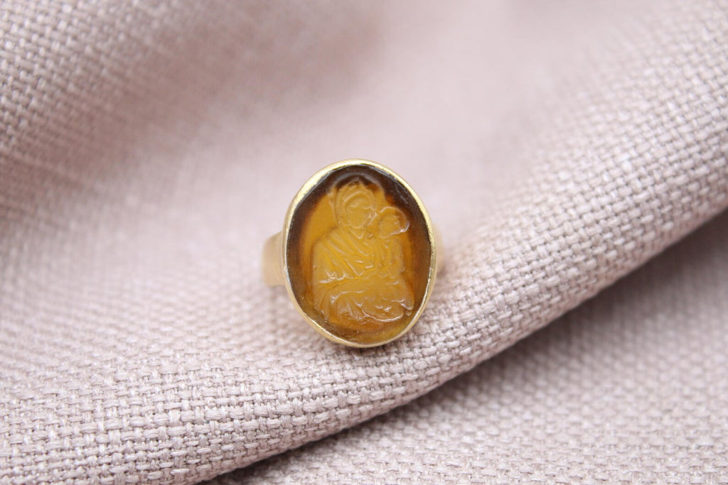 Virgin Mary Intaglio Ring Gold Plated Sterling Silver Religious Ring