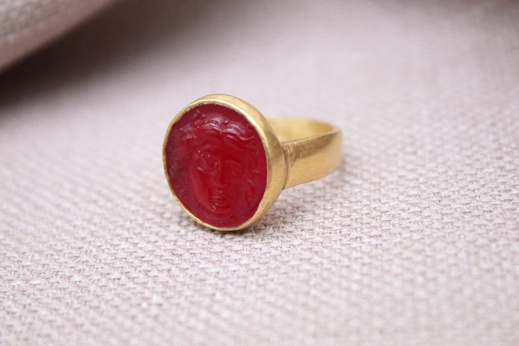 Apollo Intaglio Red Glass Ring Gold Plated Sterling Silver Ring