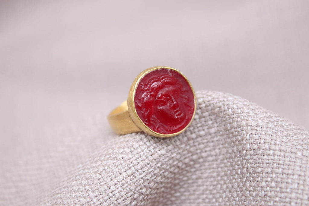Apollo Intaglio Red Glass Ring Gold Plated Sterling Silver Ring