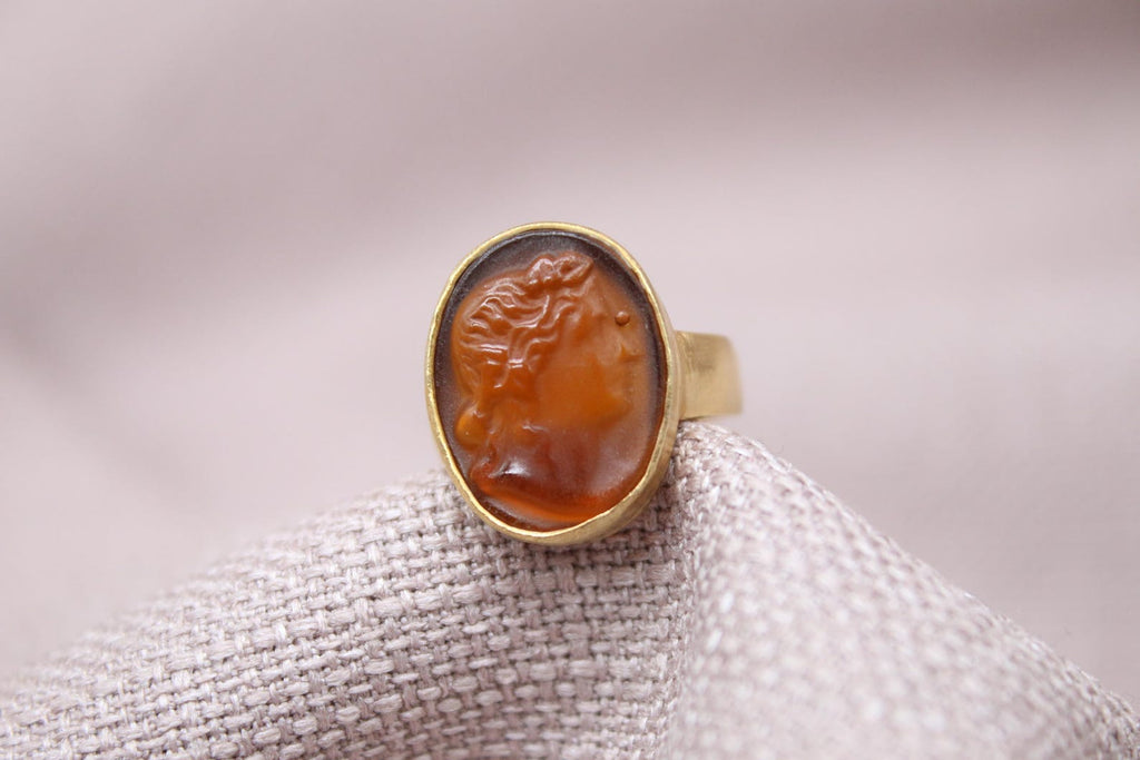 Roman Intaglio Glass Ring Gold Plated Sterling Silver Statement Ring