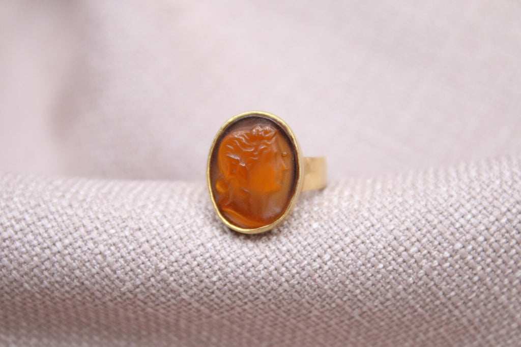 Roman Intaglio Glass Ring Gold Plated Sterling Silver Statement Ring
