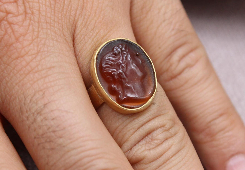 Roman Intaglio Glass Ring Gold Plated Sterling Silver Statement Ring