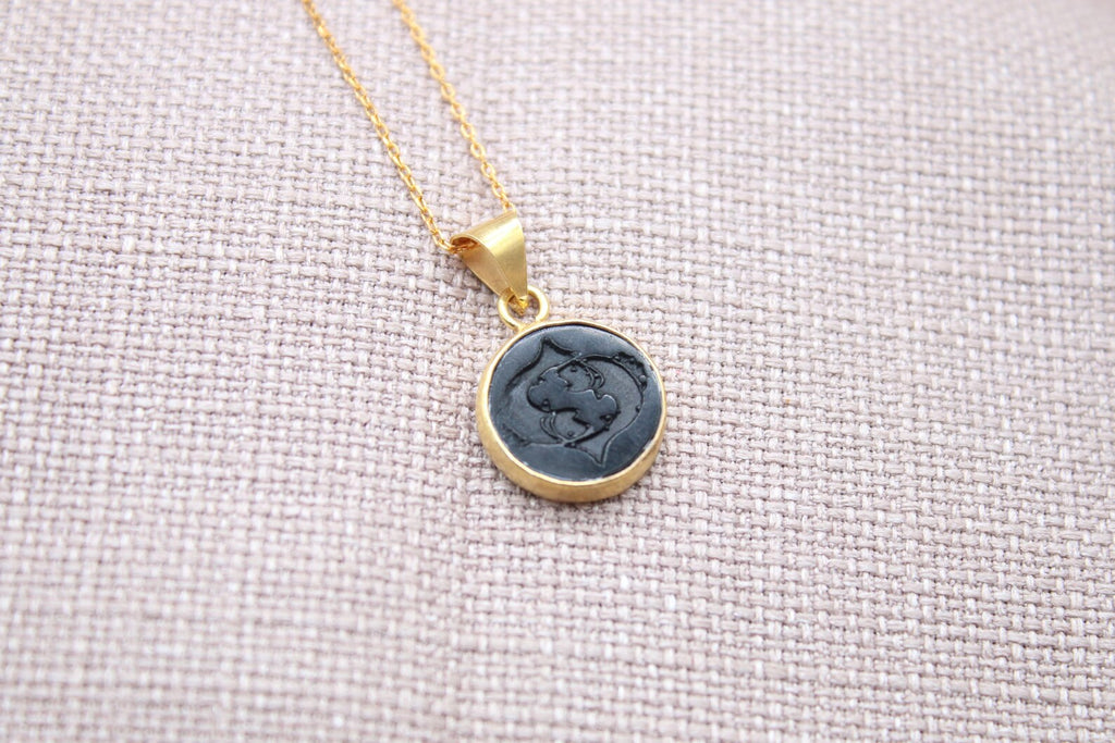 Pisces Intaglio Necklace Gold Plated Sterling Silver Zodiac Pendant,chain length 45 cm