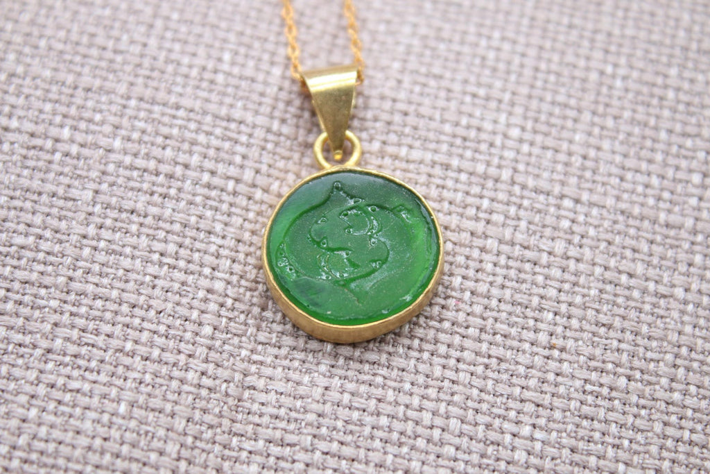 Pisces Intaglio Necklace Green Glass Gold Plated Sterling Silver Necklace
