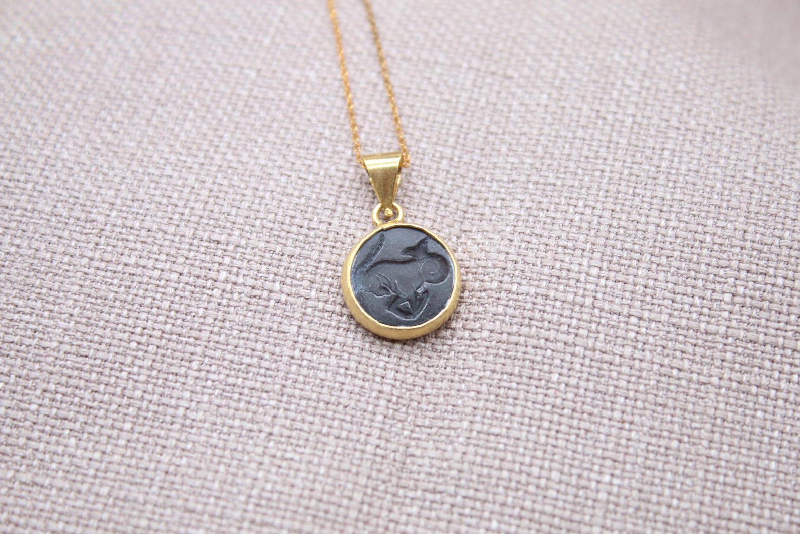 Capricorn Intaglio Necklace Black Glass Gold Plated Sterling Silver Necklace