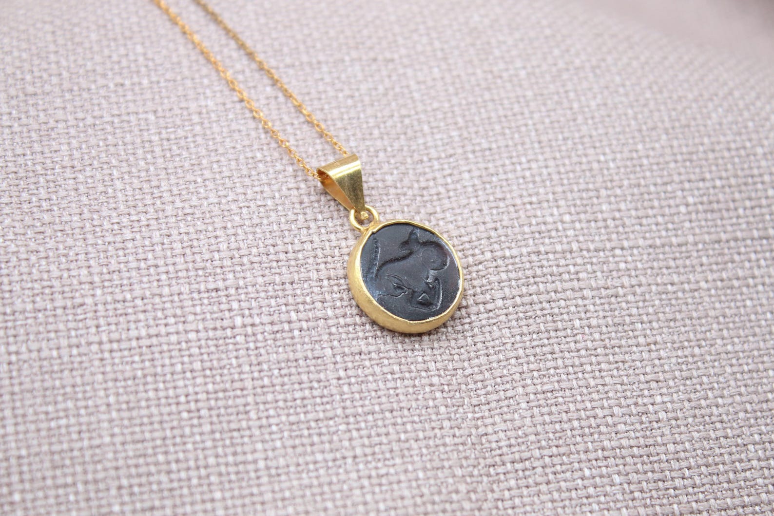 Capricorn Intaglio Necklace Black Glass Gold Plated Sterling Silver Necklace