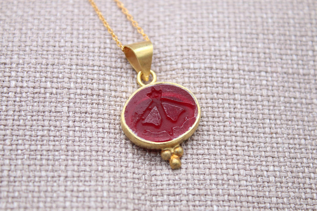 Sagittarius Intaglio Necklace Red Glass Gold Plated Sterling Silver Necklace