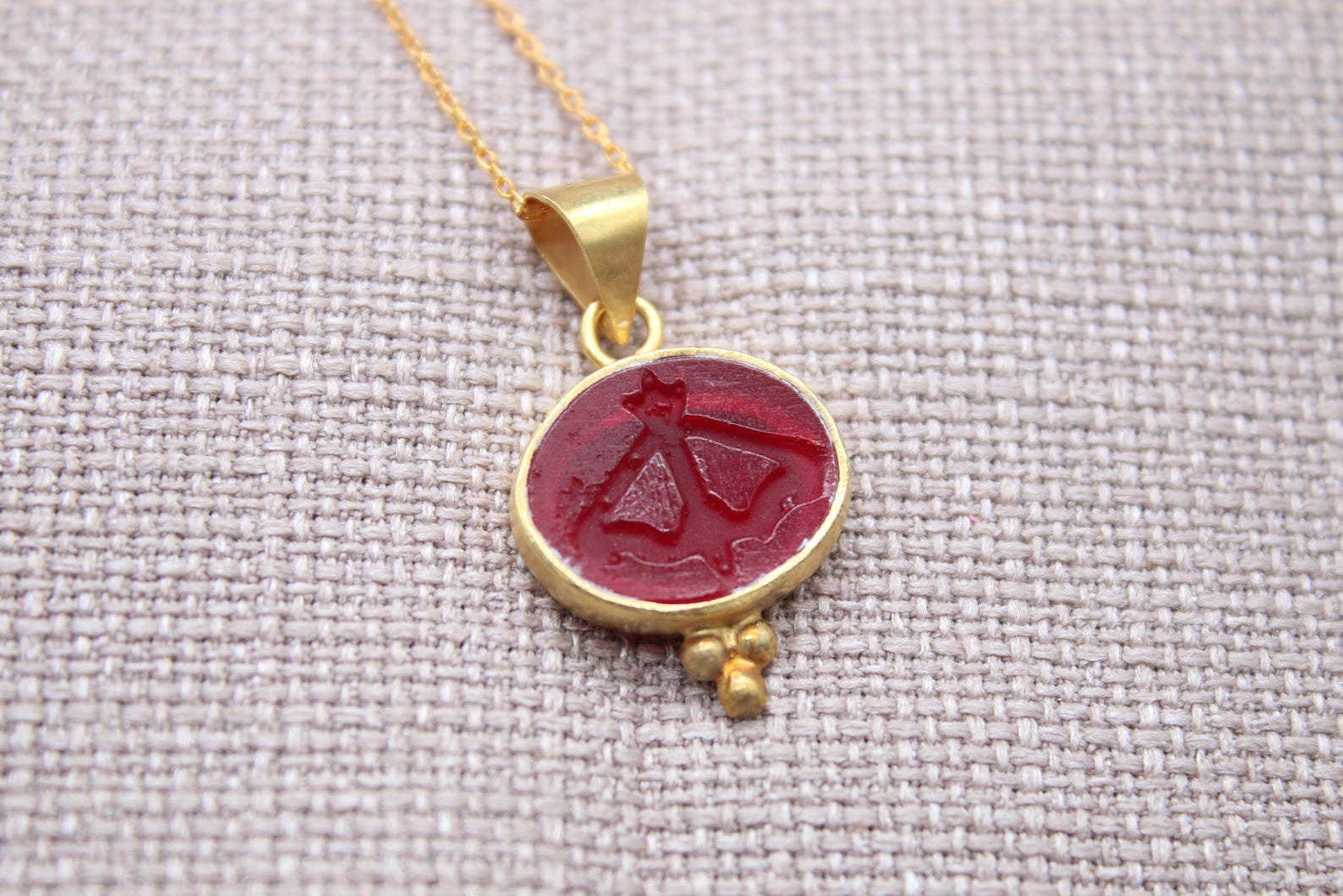 Sagittarius Intaglio Necklace Red Glass Gold Plated Sterling Silver Necklace
