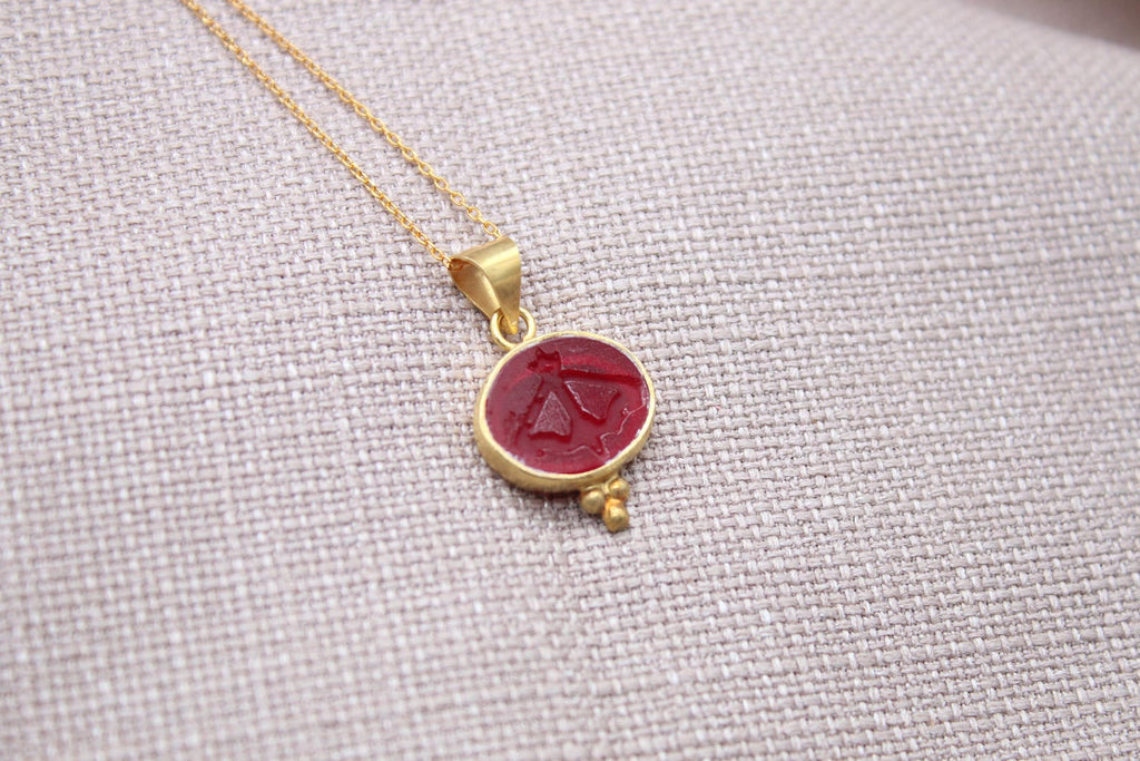 Sagittarius Intaglio Necklace Red Glass Gold Plated Sterling Silver Necklace