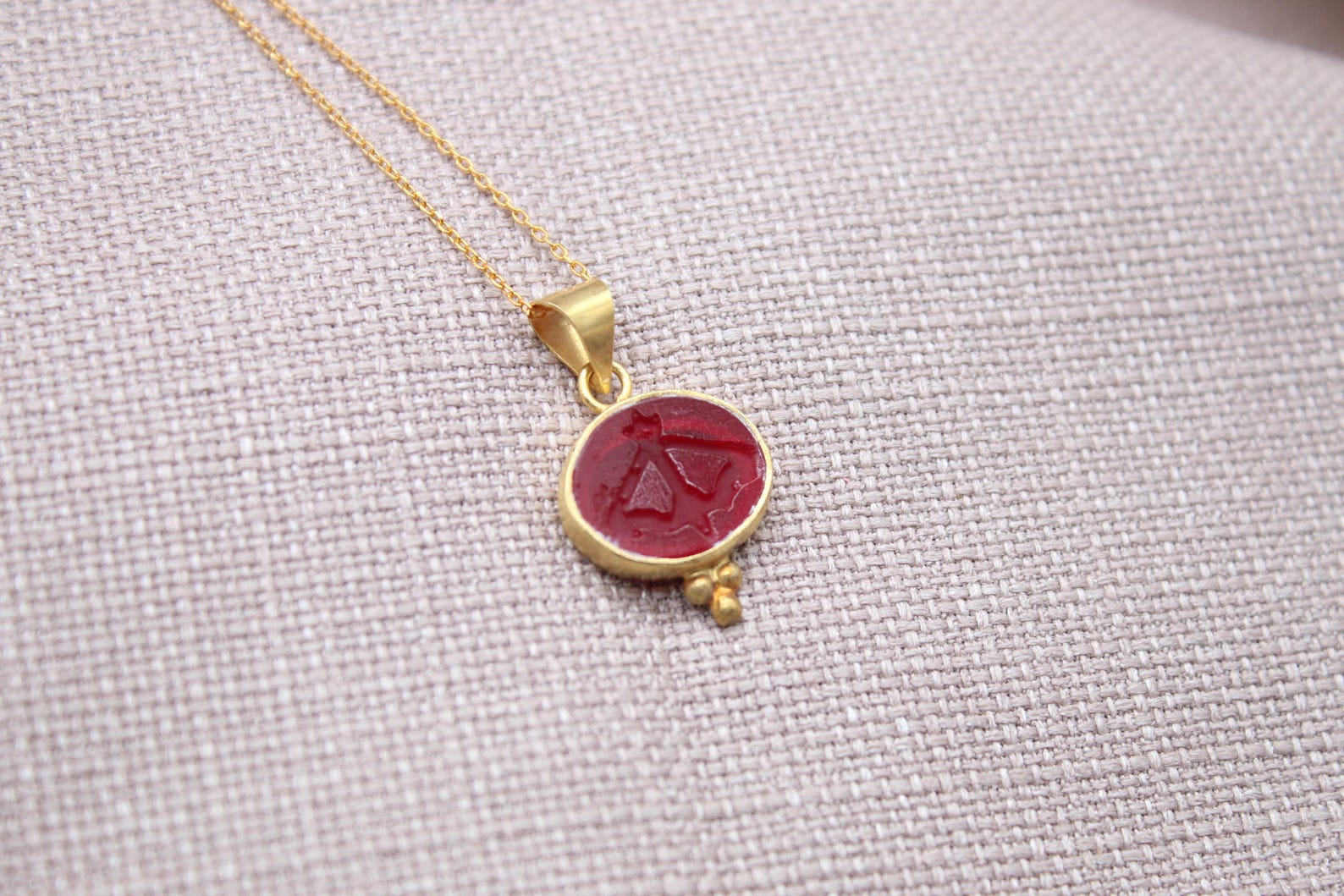 Sagittarius Intaglio Necklace Red Glass Gold Plated Sterling Silver Necklace