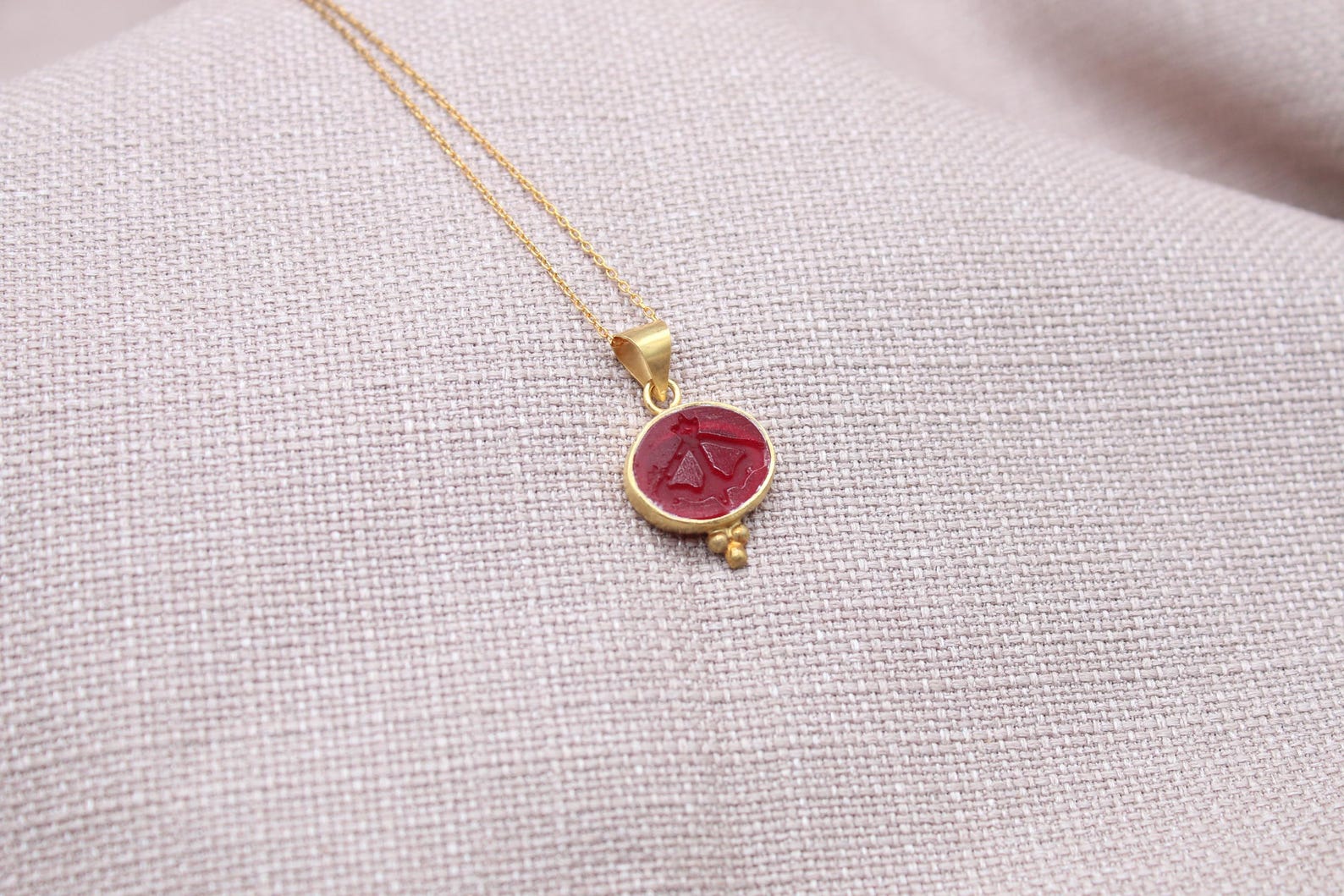 Sagittarius Intaglio Necklace Red Glass Gold Plated Sterling Silver Necklace