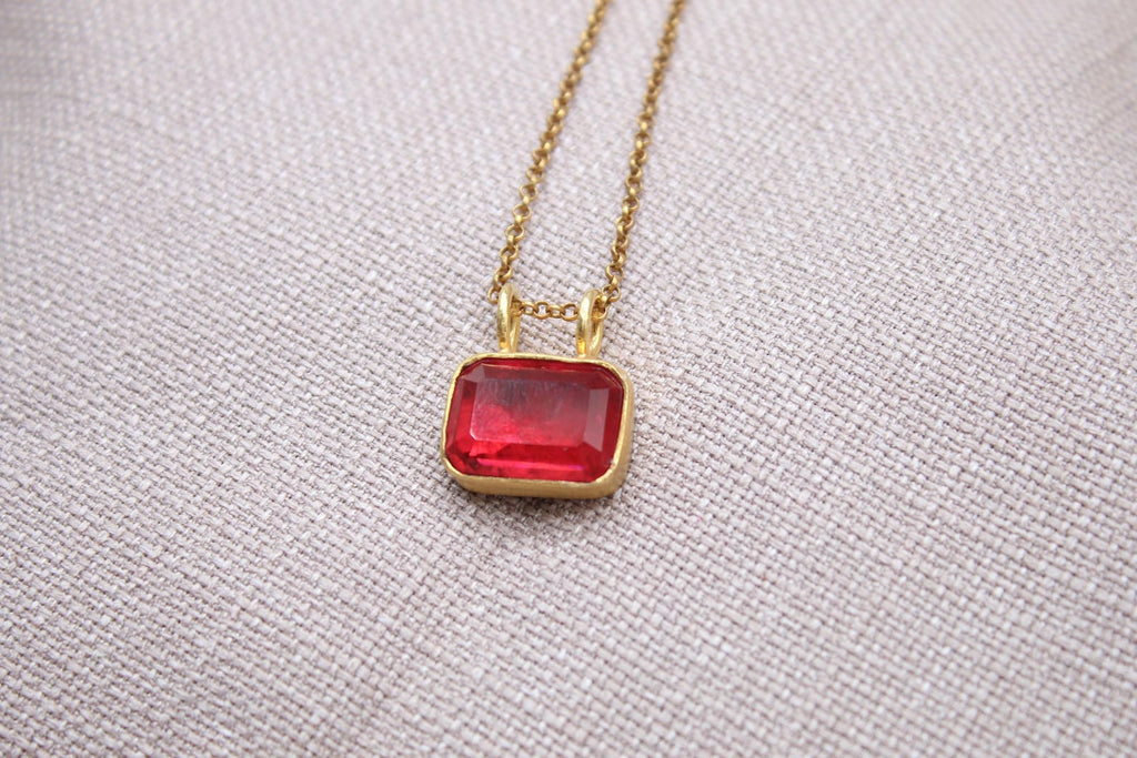 Ruby Red Gemstone Necklace Gold Plated Sterling Silver Pendant Necklace