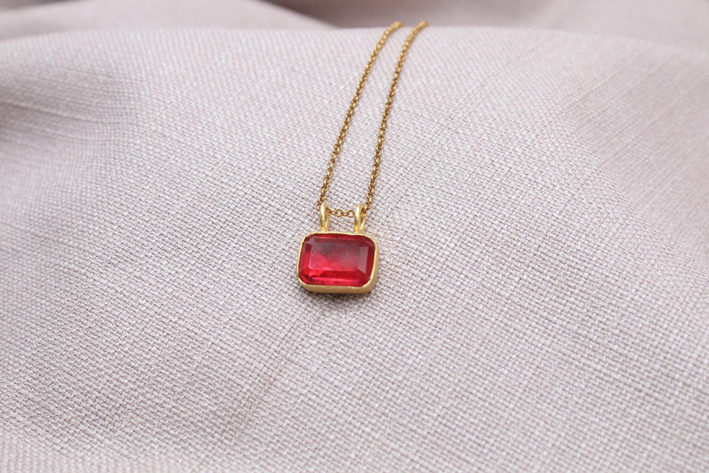 Ruby Red Gemstone Necklace Gold Plated Sterling Silver Pendant Necklace