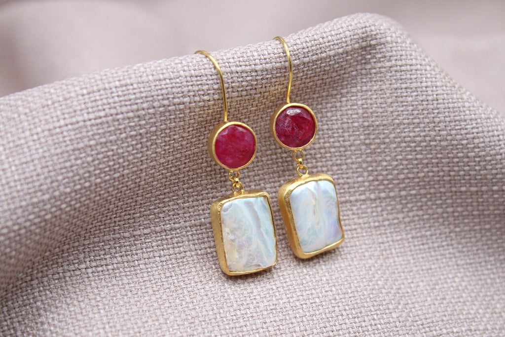 Ruby Pearl Drop Earrings Gold Plated Sterling Silver Statement Earrings
