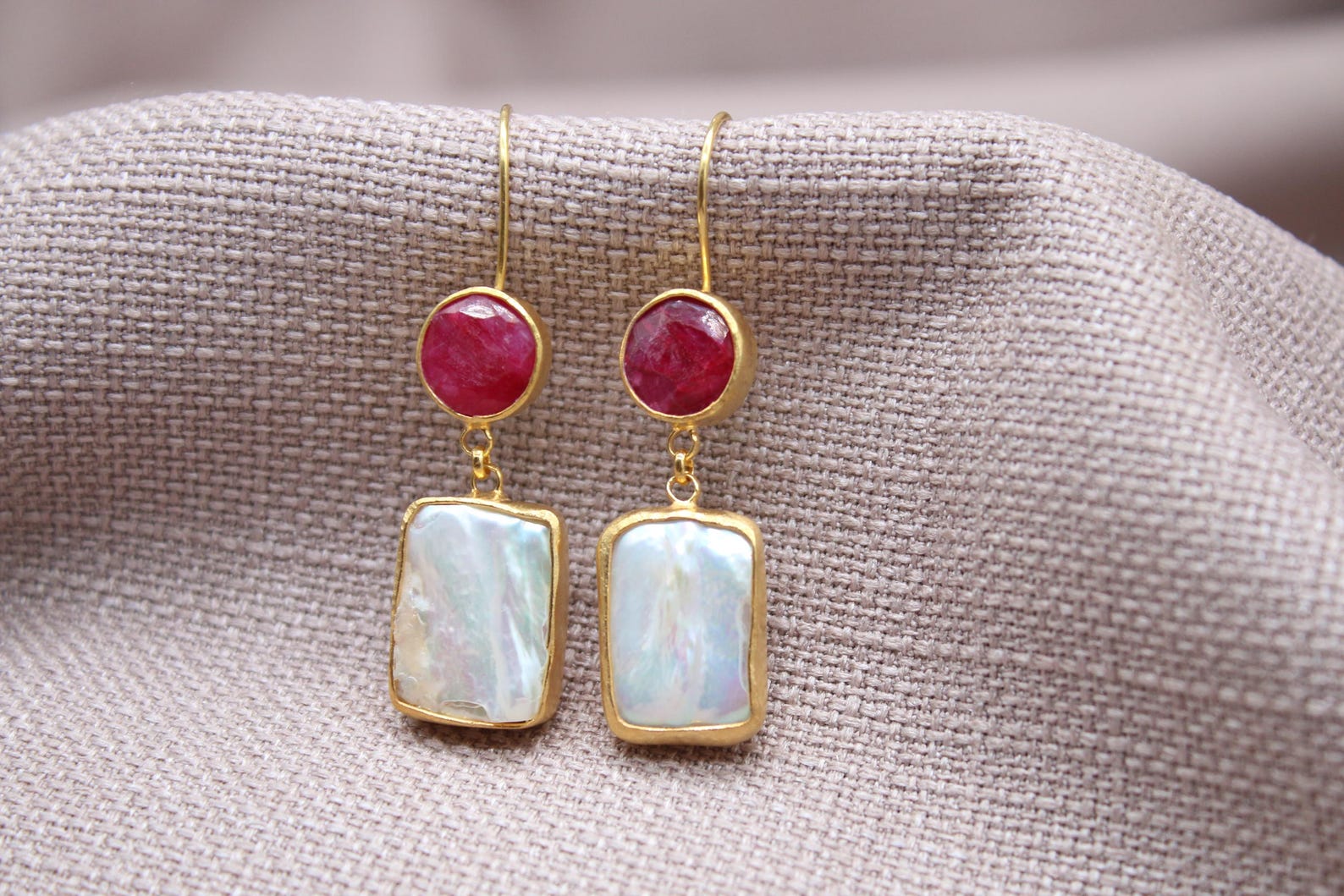 Ruby Pearl Drop Earrings Gold Plated Sterling Silver Statement Earrings