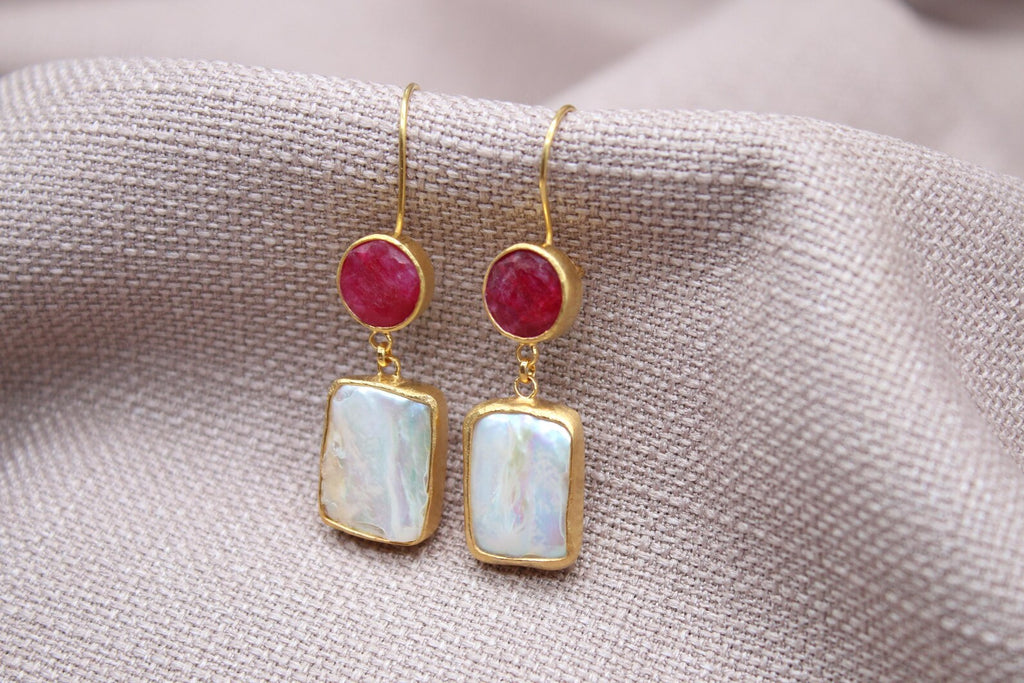 Ruby Pearl Drop Earrings Gold Plated Sterling Silver Statement Earrings