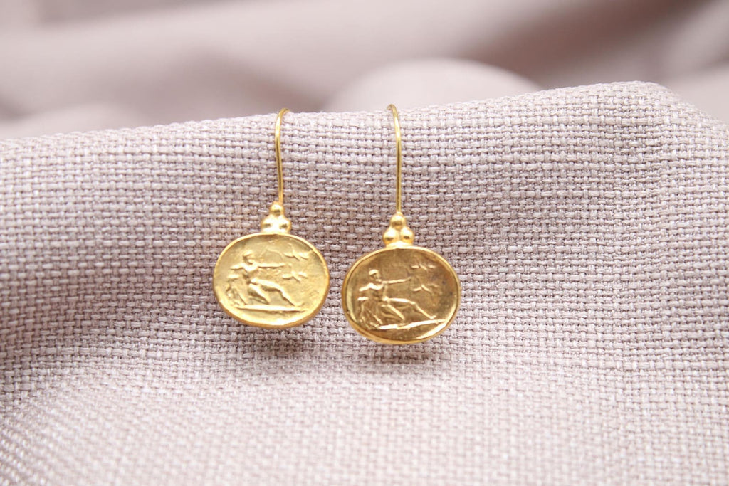 Athena Coin Drop Earrings Gold Plated Sterling Silver Ancient Greek Jewelry
