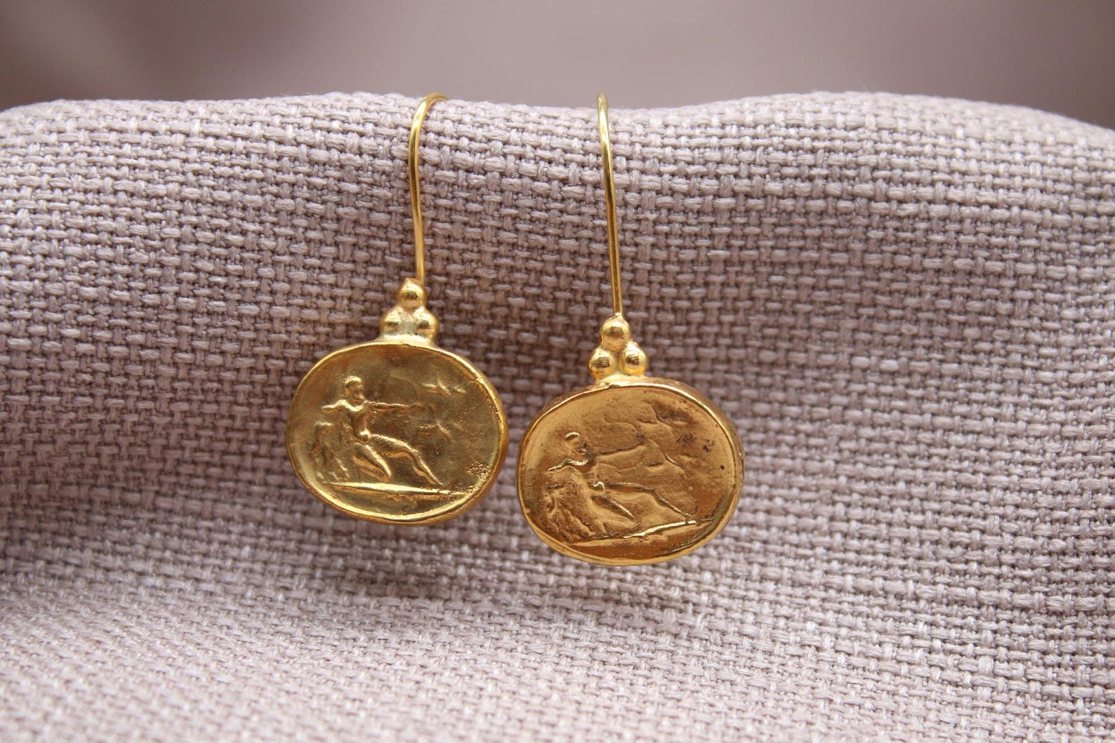 Athena Coin Drop Earrings Gold Plated Sterling Silver Ancient Greek Jewelry