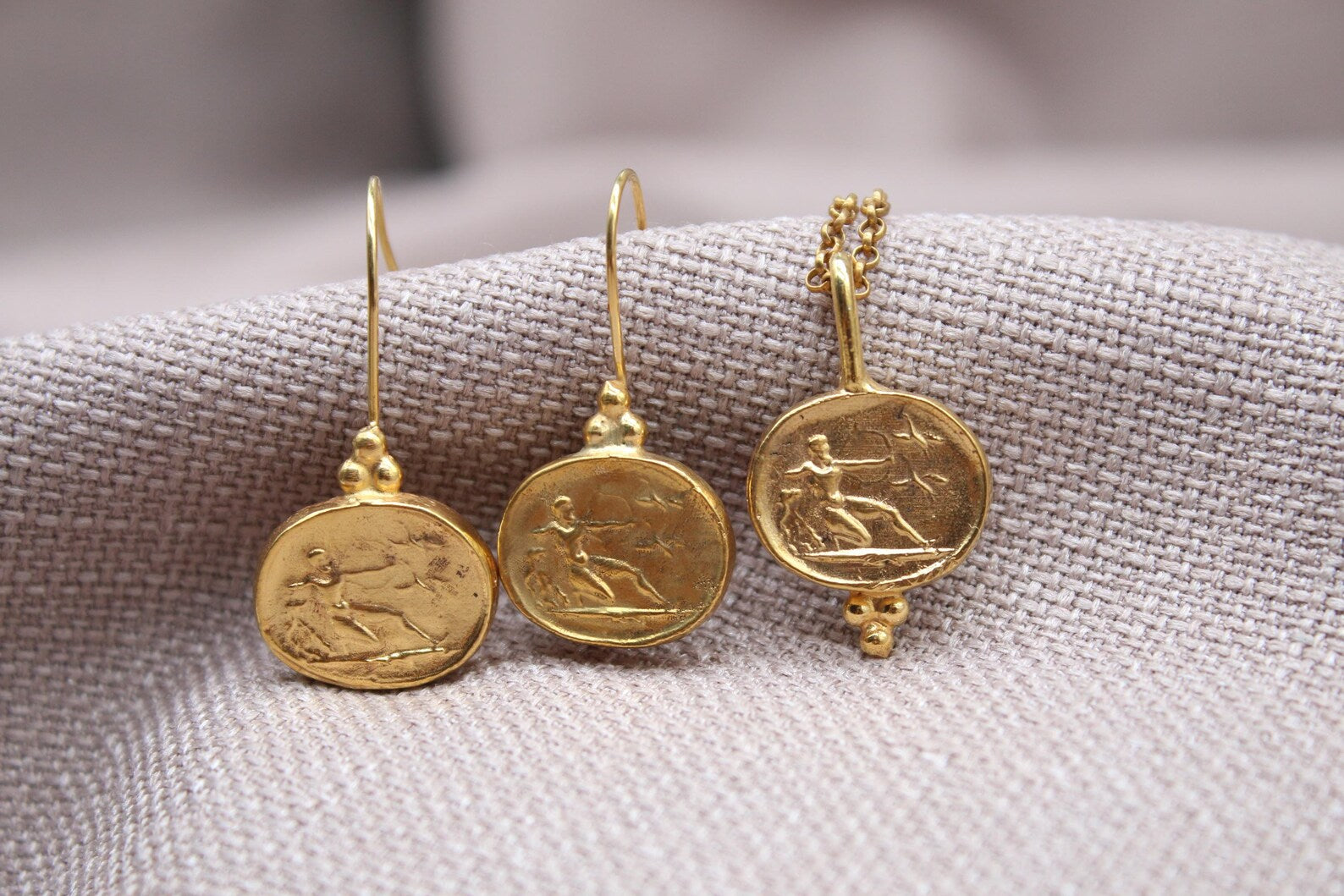 Athena Coin Jewelry Set Gold Plated Sterling Silver Greek Necklace Earrings
