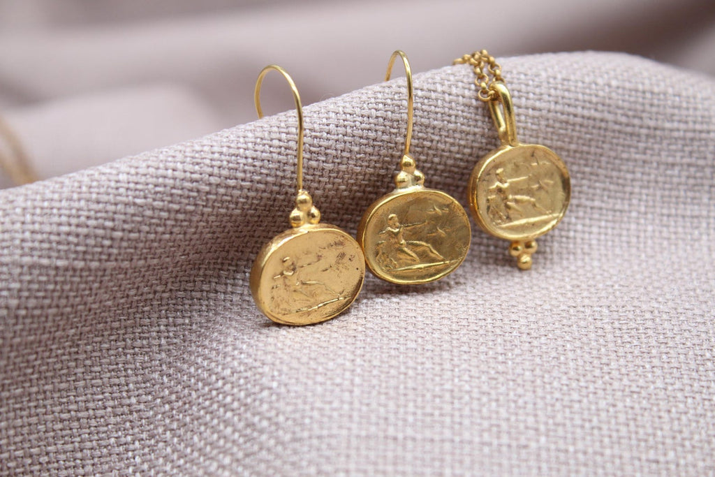 Athena Coin Jewelry Set Gold Plated Sterling Silver Greek Necklace Earrings