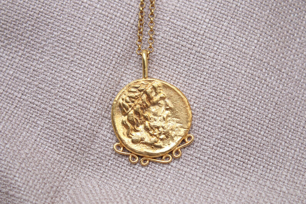 Zeus Coin Necklace Gold Plated Sterling Silver Ancient Greek Pendant
