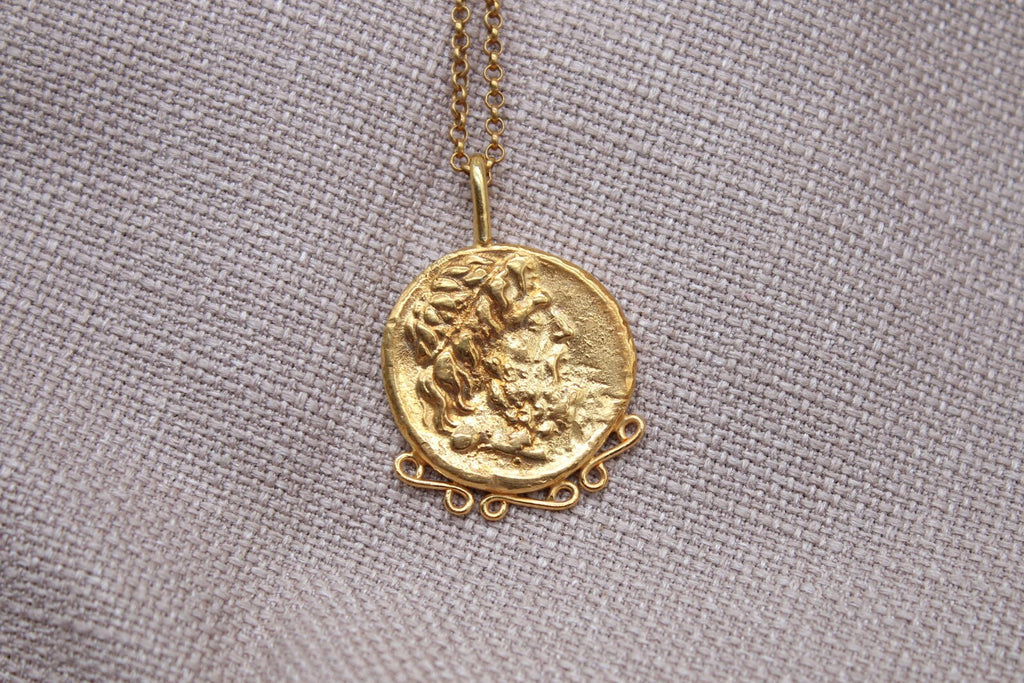 Zeus Coin Necklace Gold Plated Sterling Silver Ancient Greek Pendant