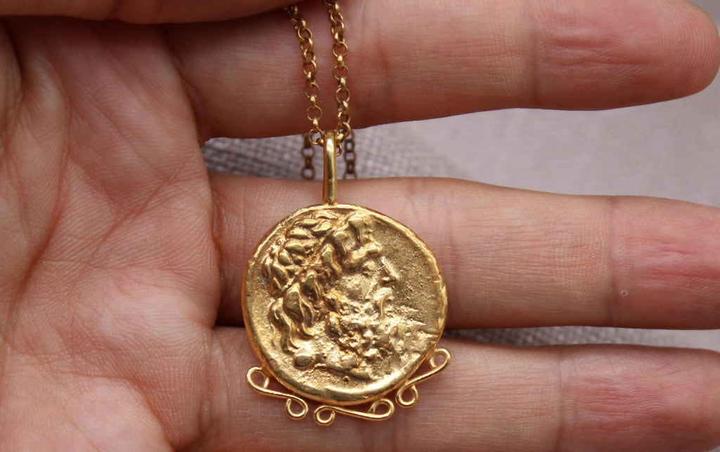 Zeus Coin Necklace Gold Plated Sterling Silver Ancient Greek Pendant