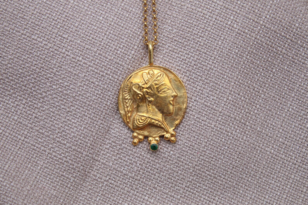 Athena Coin Necklace Gold Plated Sterling Silver Greek Goddess Pendant