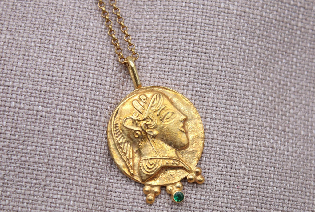 Athena Coin Necklace Gold Plated Sterling Silver Greek Goddess Pendant