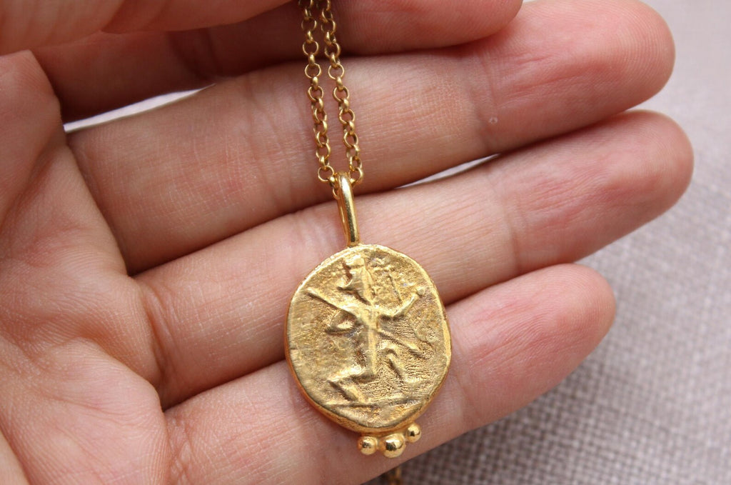 Oval Coin Necklace Gold Plated Sterling Silver Ancient Medallion Pendant