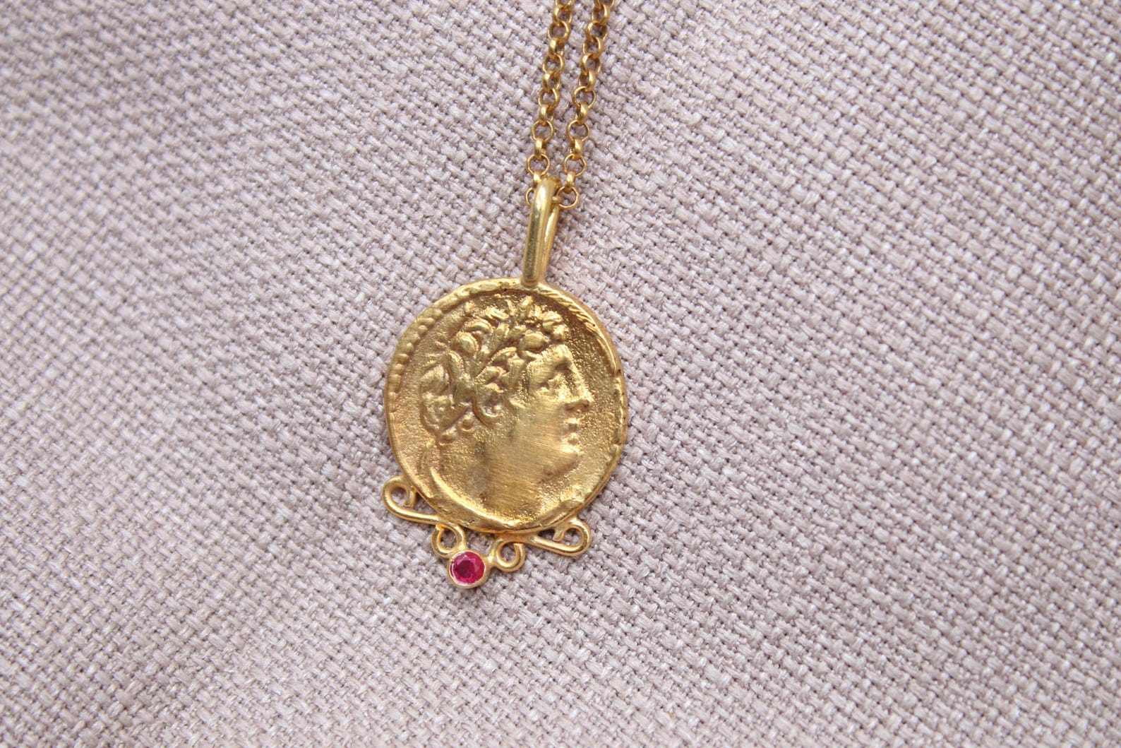 Ruby Detailed Medallion Necklace Gold Plated Silver Antique Roman Necklace