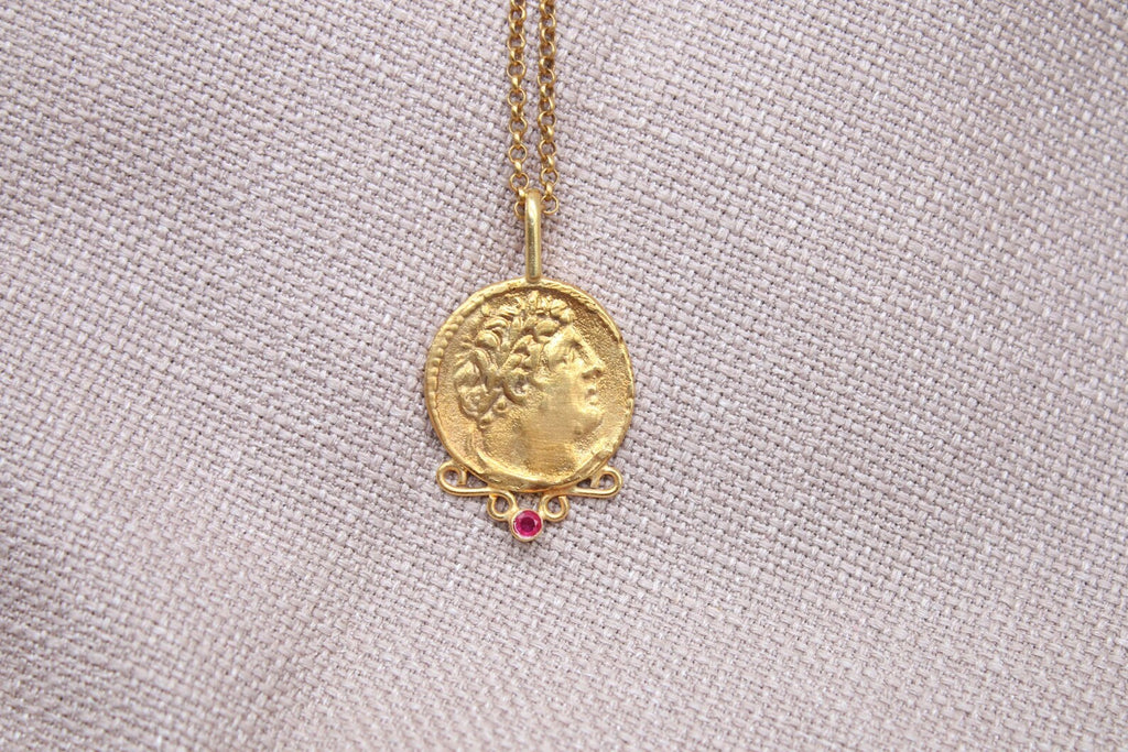 Ruby Detailed Medallion Necklace Gold Plated Silver Antique Roman Necklace