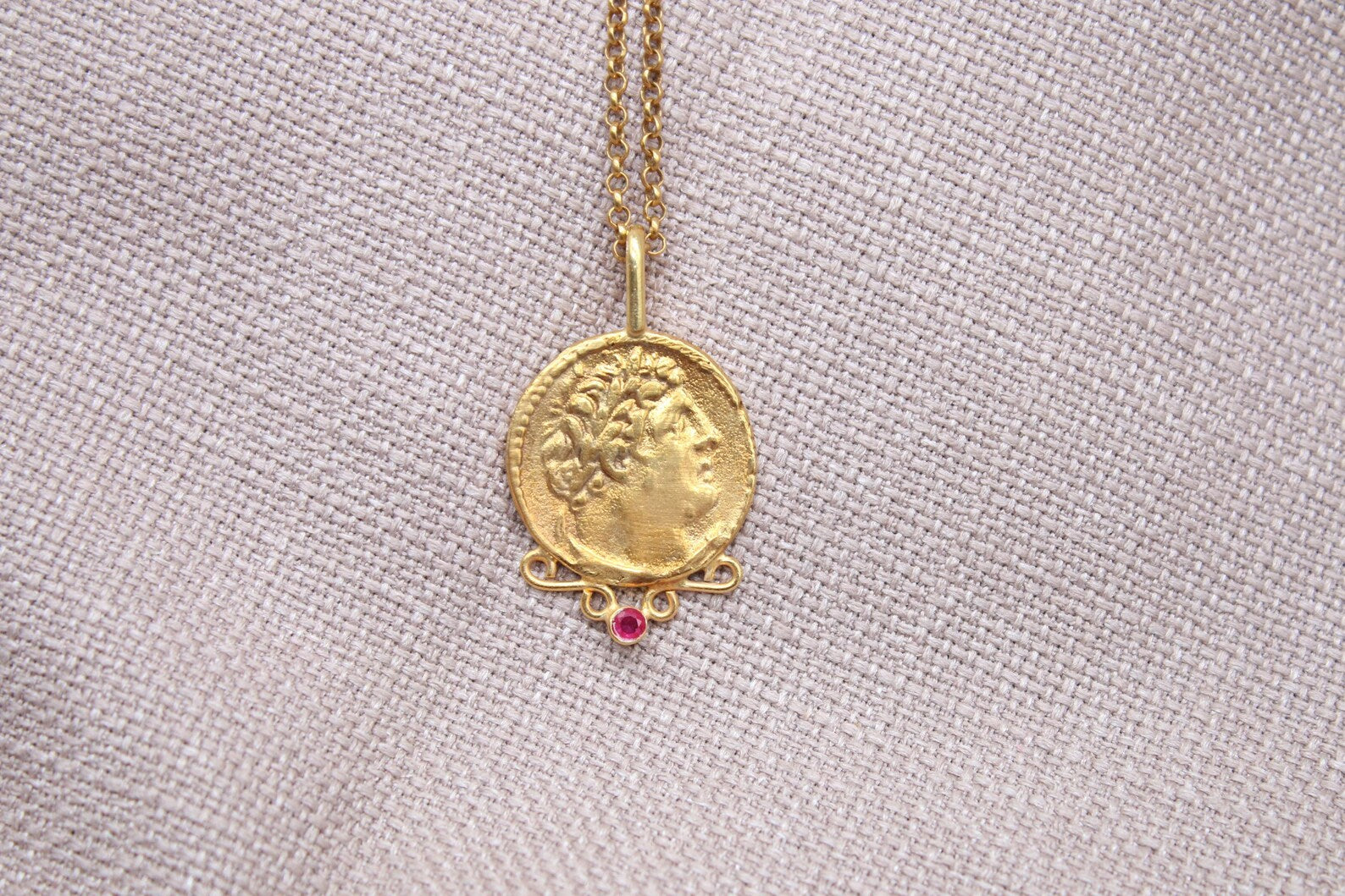 Ruby Detailed Medallion Necklace Gold Plated Silver Antique Roman Necklace