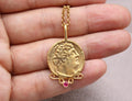 Ruby Detailed Medallion Necklace Gold Plated Silver Antique Roman Necklace