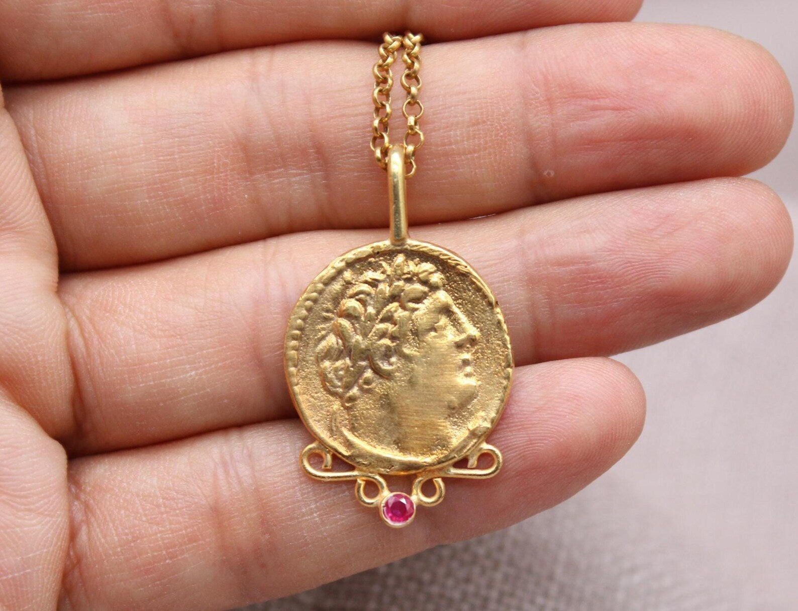 Ruby Detailed Medallion Necklace Gold Plated Silver Antique Roman Necklace