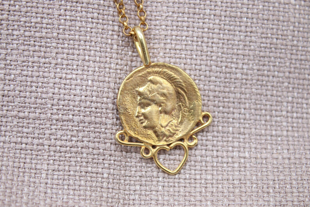Ancient Coin Heart Necklace Gold Plated Sterling Silver Roman Pendant