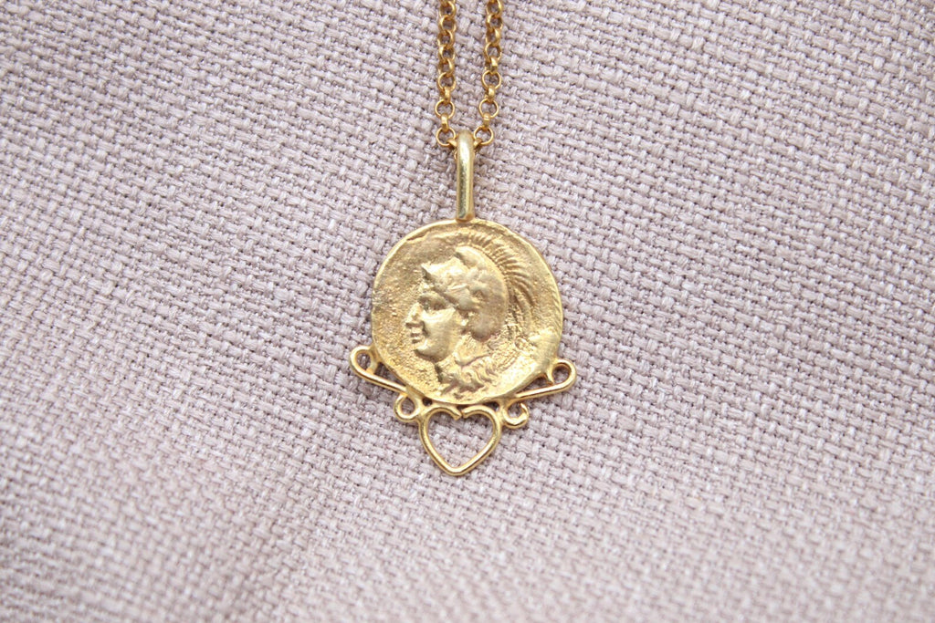 Ancient Coin Heart Necklace Gold Plated Sterling Silver Roman Pendant