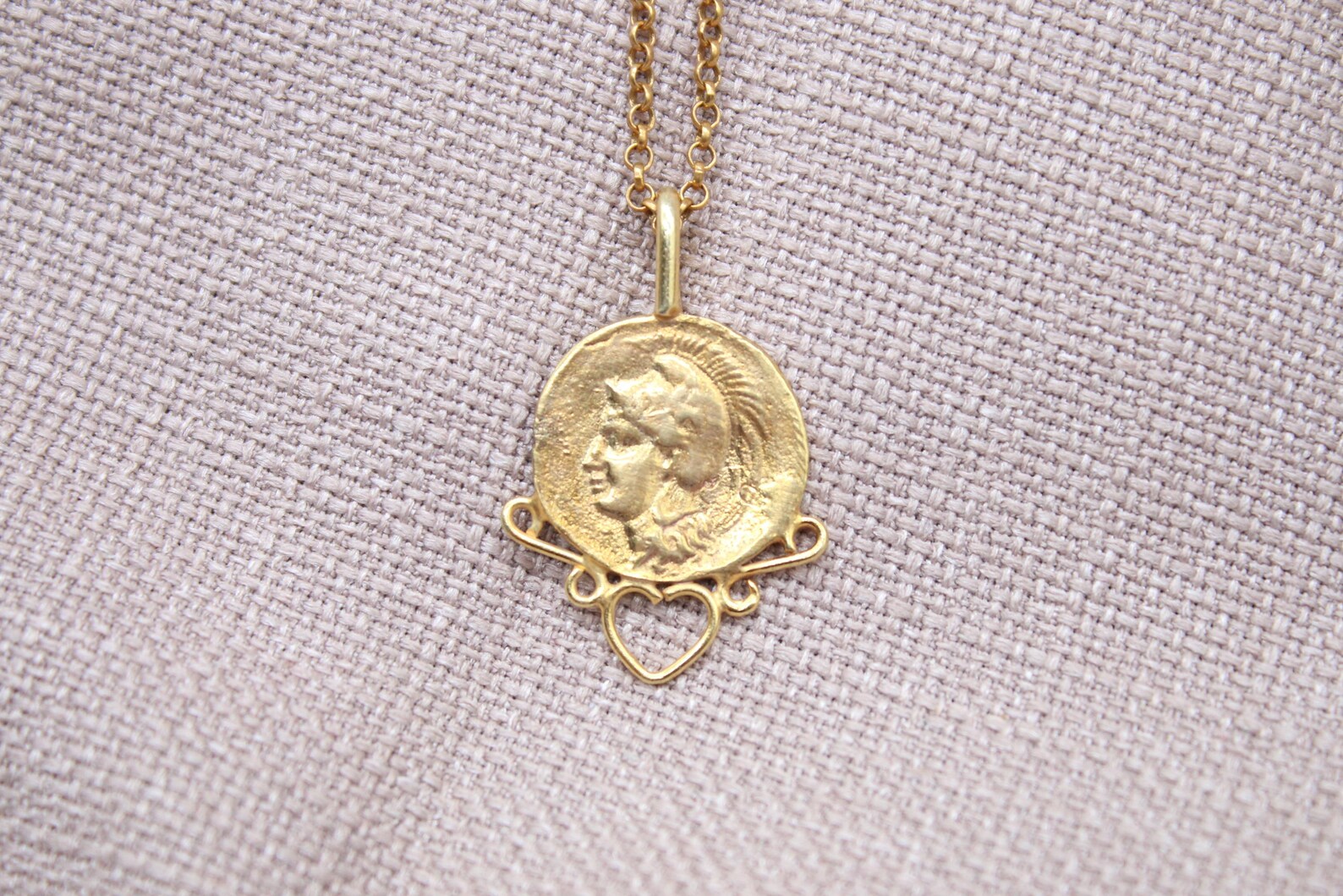 Ancient Coin Heart Necklace Gold Plated Sterling Silver Roman Pendant