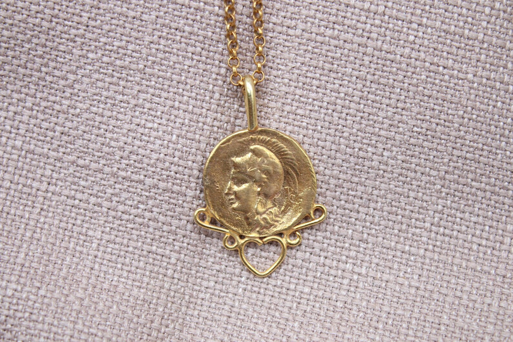 Ancient Coin Heart Necklace Gold Plated Sterling Silver Roman Pendant