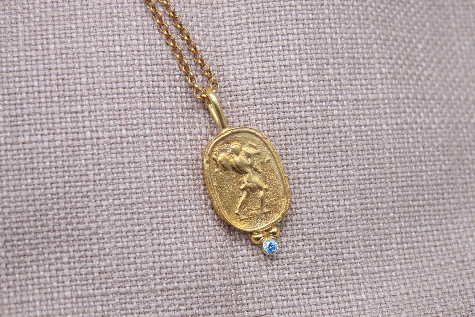 Blue Stone Ancient Coin Necklace Gold Plated Sterling Silver Pendant