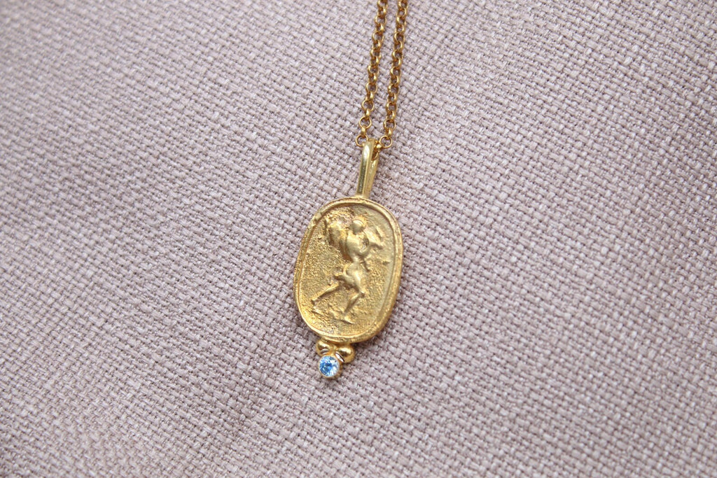 Blue Stone Ancient Coin Necklace Gold Plated Sterling Silver Pendant