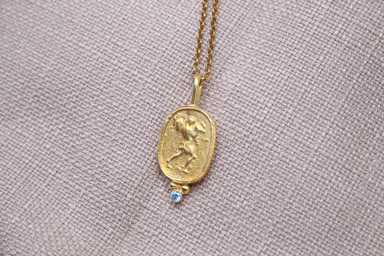 Blue Stone Ancient Coin Necklace Gold Plated Sterling Silver Pendant