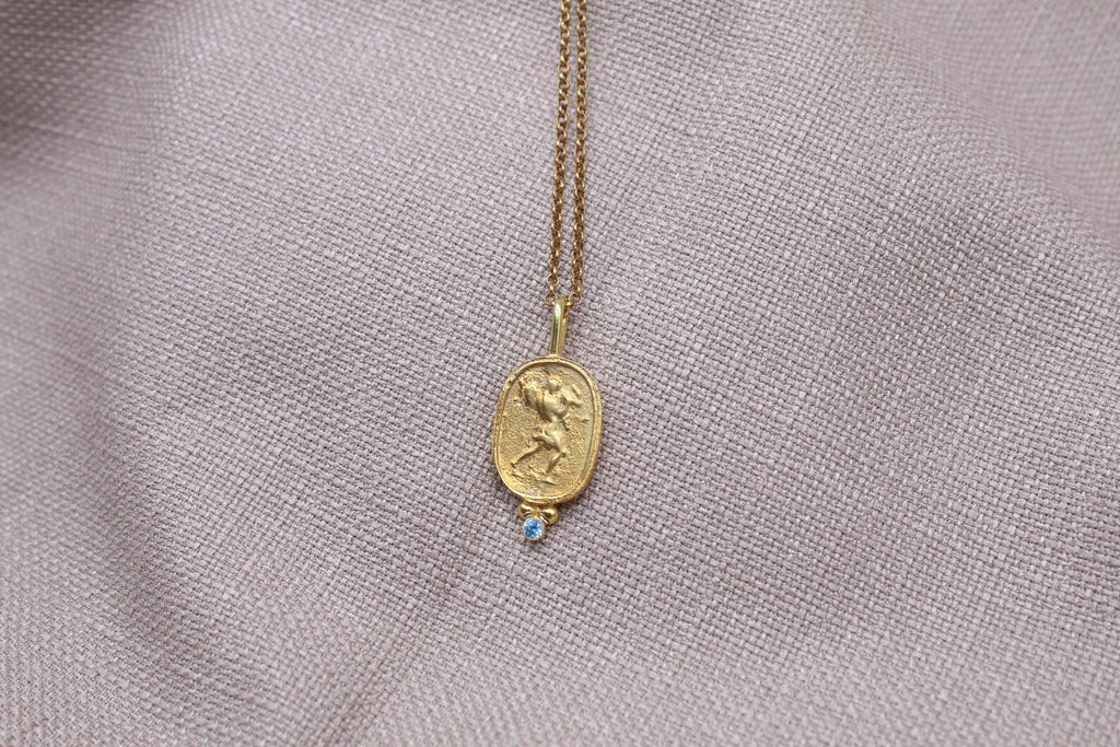 Blue Stone Ancient Coin Necklace Gold Plated Sterling Silver Pendant