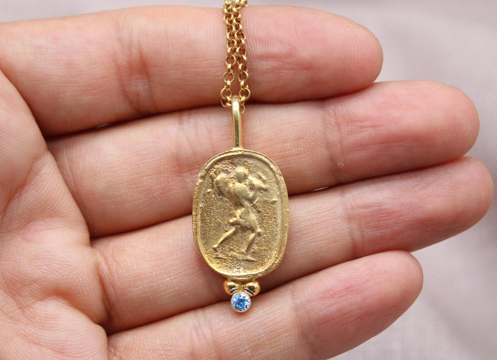 Blue Stone Ancient Coin Necklace Gold Plated Sterling Silver Pendant