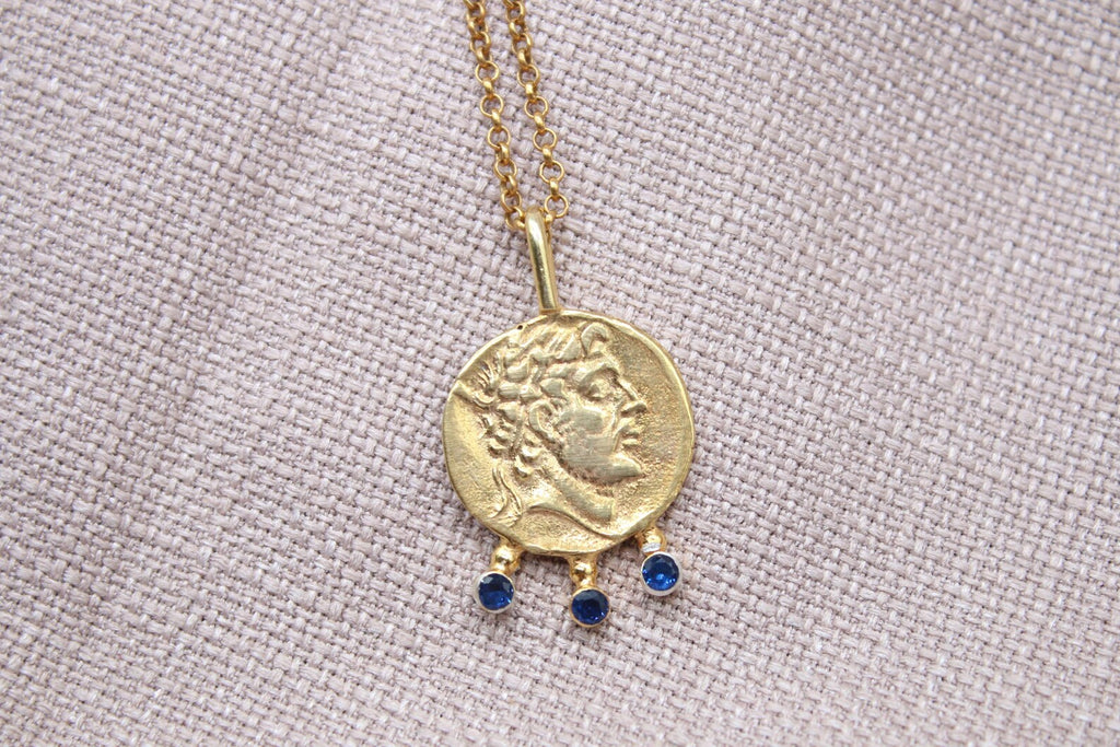 Ancient Coin Sapphire Necklace Gold Plated Sterling Silver Pendant